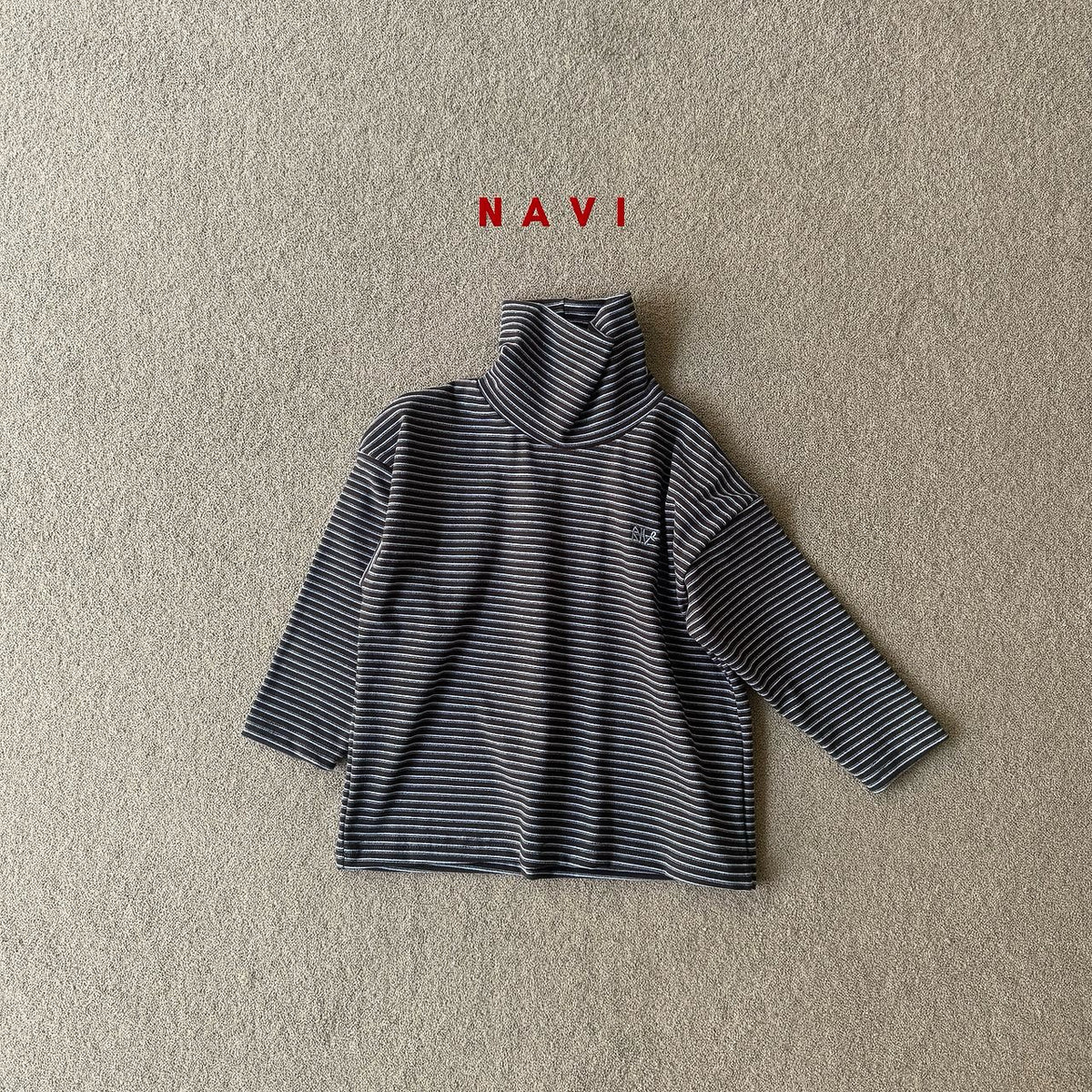 《予約》Ribbon Stripe Turtleneck Tee / NAVI