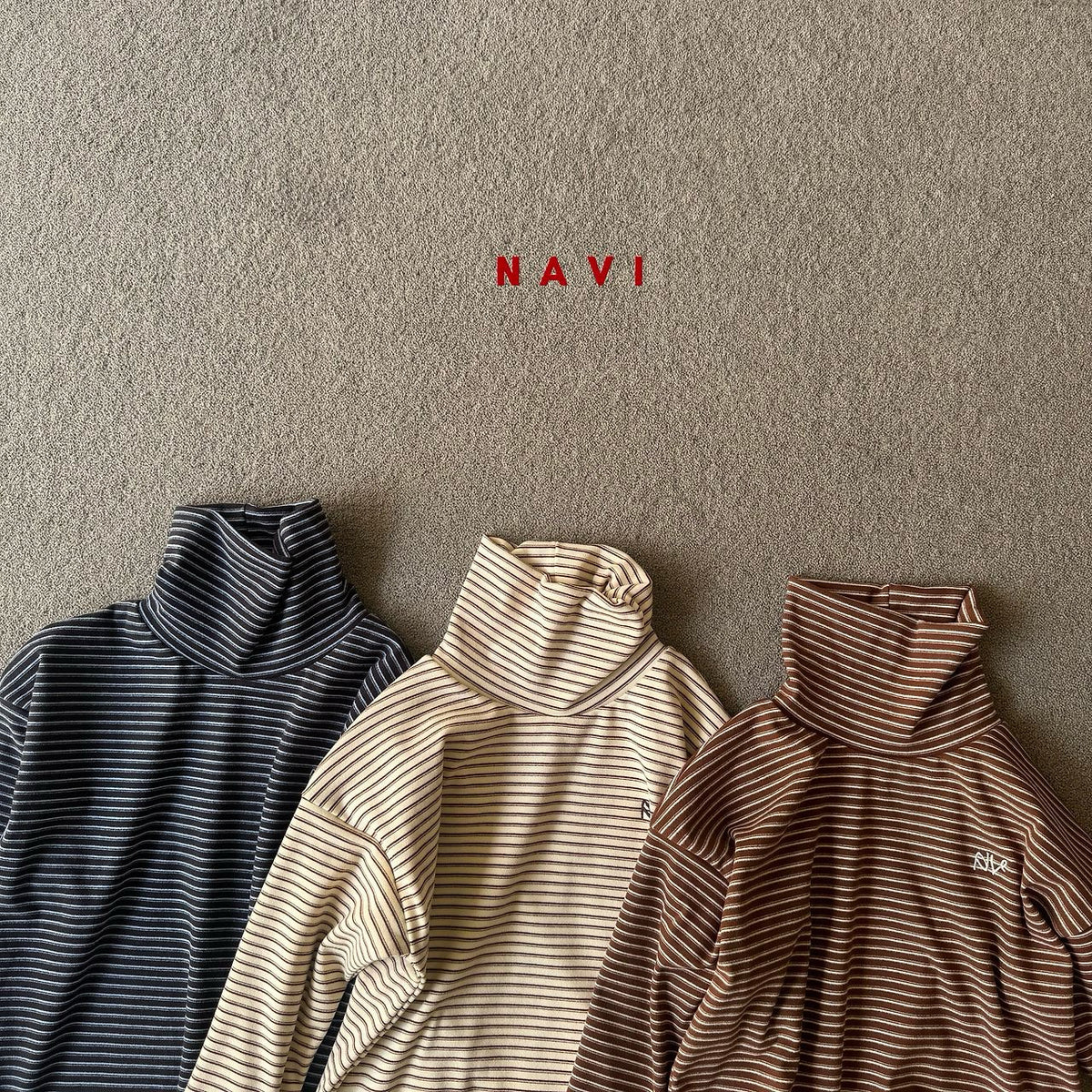 《予約》Ribbon Stripe Turtleneck Tee / NAVI